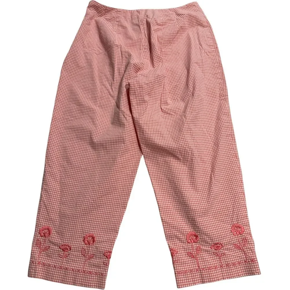 VTG Talbots Stretch Crop Pants Plaid Embroidered Flowers Womens 8P Coral White